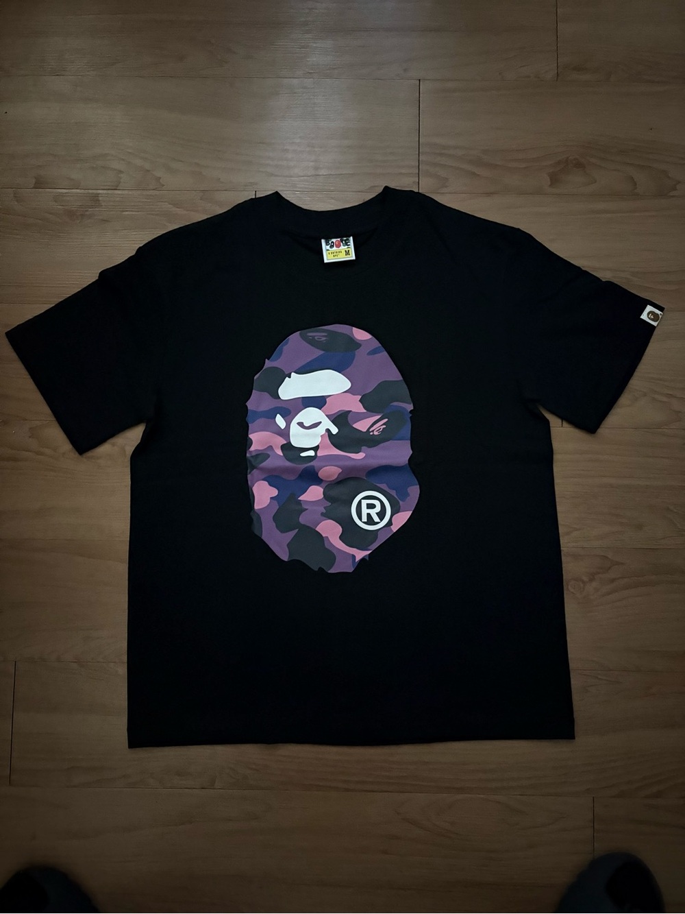 Bape Black Tee with Purple Camo Ape Head